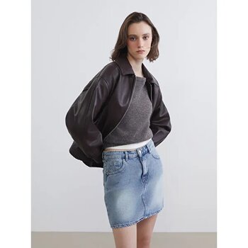 Gömlek Yaka Oversize Kadın Deri Görünümlü Ceket