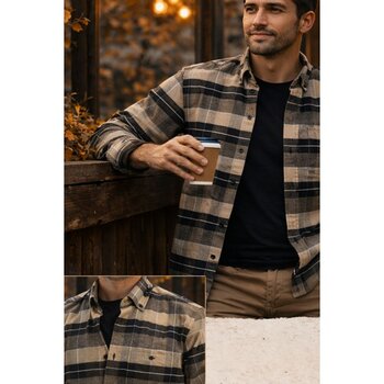 Varetta Erkek Kahverengi Kışlık Gömlek Kareli Cepli Geniş Kesim - S - Kahverengi - Siyah
