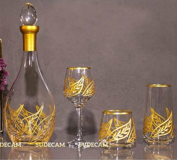 sudeka 37 Parça 12 Kişilik Yaprak Kristal Kesme Gold Cam Su Bardak Takımı,Meşrubat Bardağı Seti