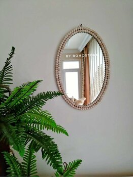 BOHEM 60cm Oval Büyük Boy Boncuklu Ayna 50x60 ,antre Ayna,ofis Aynası, Dresuar Ayna