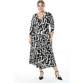 Mooi XXL Kadın Siyah Beyaz Batik Geometrik Desen Uzun Kol Kruvaze Yaka Büyük Beden Maxi Elbise - Siyah - Beyaz Çizgili - 42 - 44