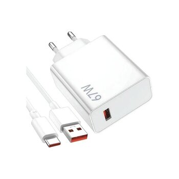 Honor Magic V Flip Uyumlu Şarj Aleti Type-C 67W Hızlı Şarj (Supercharge) Adaptörü + Kablo - Beyaz