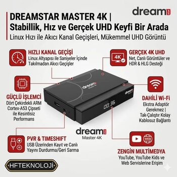 Dreamstar Arm Cortex A53 Işlemci + Linux Os + Dolby Desteği + 5000 Kanal Hafıza ,Master 4K Uydu Alıcısı