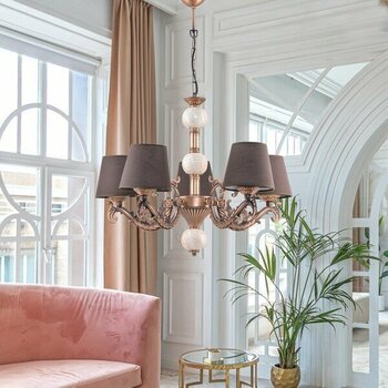 Dede Avize Beş  Kollu Zamak Avize Bakır Krem Çinili Kahverengi Şapkalı