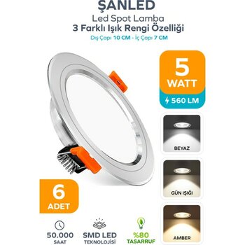 ŞANLED 5W 3 Renkli(Beyaz,Günışığı,Amber)Beyaz Krom Kasa Led Spot Lamba-6 ADETTİR - Beyaz - Krom
