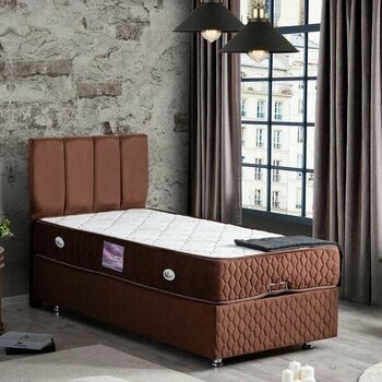 Setay Tetra Tek Kişilik Baza Başlık Delüx Yaylı Yatak Seti Kahverengi 90 x 190 cm