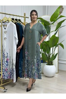 butikbanum Haki Yeşil %100 Keten İthal Elbise Standart Beden