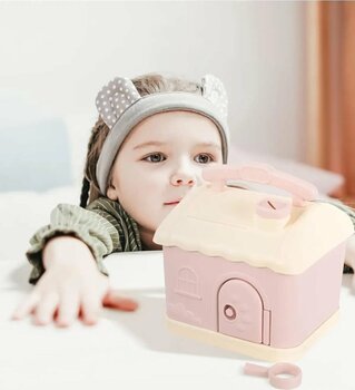 Wentox Sevimli Ev Motifli Anahtarlı Pembe Ahşap Kumbara