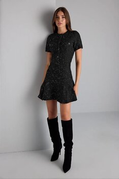 Düğme Detaylı Simli Siyah Mini Triko Elbise S 15303631