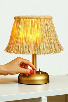 Bubihome Pilli Led Bohem Abajur,Kablosuz Rafya Hasır Led Abajur Gold Metal Gövde