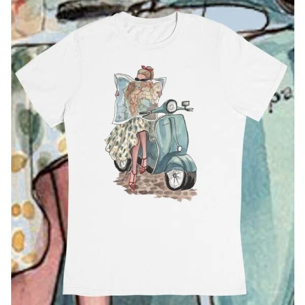 Playbackmoda Vespa Motor Scooter Tasarım Baskılı Beyaz 2XL Bisiklet Yaka T-Shirt