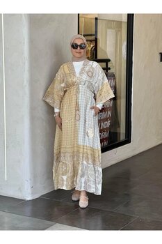 Ranasubaşı IBN-4029 Belden Büzgülü İthal Elbise Bej Standart Beden