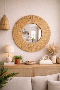 BOHEM Hasır Ayna Yuvarlak Duvar Aynası 50cm Doğal Rattan Dekoratif Salon Antre Aynası