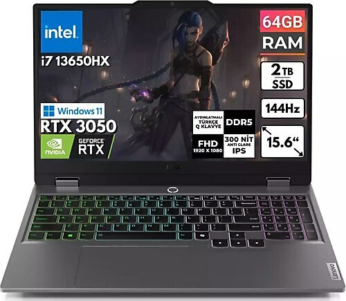 Lenovo LOQ 15IRX9 83DV00G5TR BT24 15.6 inç Intel Core i7 13650HX 64 GB 2 TB SSD NVIDIA GeForce RTX 3050 Windows 11 Professional