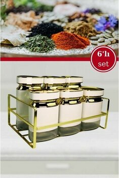 Evren 6 Parça Üçgen Vakum Kapaklı Cam Baharatlık Seti ve Metal Stant, Baharat Takımı 6’li Set - Beyaz