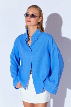 Edition Saks Kolları Salaş Yıkamalı Müslin Oversize Rahat Kalıp Kadın Basic Gömlek| Mks166881-01-6881 - S