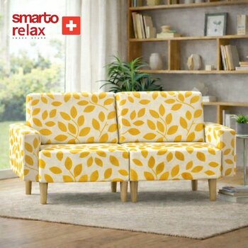 Smarto Relax  Ikili Koltuk 180 cm – Polyester Kumaş, Ahşap Iskelet, Ahşap Ayak - kumaş - Beyaz - Sarı