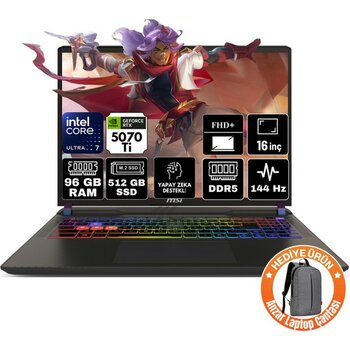 Msı Vector 16 Hx Aı Intel Core Ultra 7 255HX 96GB 512GB SSD RTX5070TI 12GB Freedos Fhd+ 16" 144Hz Taşınabilir Bilgisayar A2XWHG-091XTR-A21