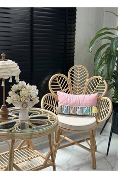Store Hasır Sandalye - Bambu Rattan Papatya Kelebek Çiçek Sandalye - Minderli- Naturel Renk-Bahçe & Balkon