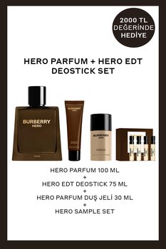 BURBERRY Hero Parfum 100 ml Erkek Parfüm + EDT Deostick 75 ml + Hero Sample Set + Duş Jeli 30 ml Hediyeli Set