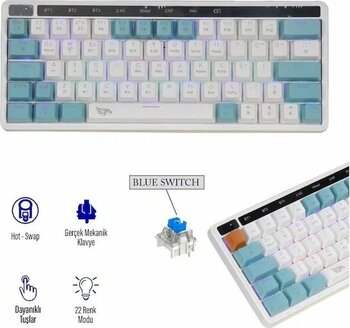 Gameagle Airsync MK-64X1AAB Beyaz - Mavi Kablosuz Bluetooth Mekanik RGB Işıklı Oyuncu Klavye