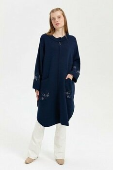 Desen Triko Kadın Dik Yaka Kolu ve Cebi Işlemeli Panço Lacivert - L
