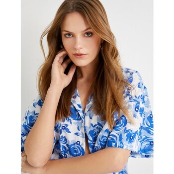 Koton Çiçekli Gömlek Düğmeli Kısa Kollu Rahat Kesim Cepli Pamuklu - Mavi - 36