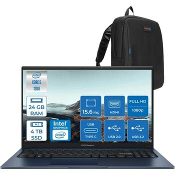 Asus Vivobook X1504VA 15 1.nesil Core 5 120U-24GB-4TB SSD Fhd 15.6inc-Freedos Taşınabilir Bilgisayar ZNJ2861F10+ZETTAÇANTA - 4 TB - 24 GB