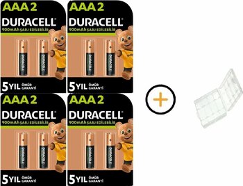 Duracell 900 mAh AAA Ni-MH Şarj Edilebilir İnce Kalem Pil 8'li + Pil Kutusu