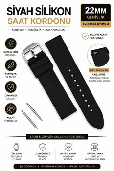 onlinekordon Fossil Saat Uyumlu 22mm Siyah Silikon Saat Kordonu Kayışı