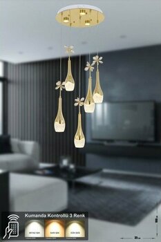 Avizemoda Lale 5'li Power Ledli Kumandalı Modern Lüks Sarkıt Avize, 3 Renk: Sarı-beyaz-gün Işığı - Gold - 5
