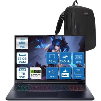 Acer Predator Helios Neo 18 Aı Intel®core™ Ultra 9 275HX 32GB Ddr5 1tb SSD 12GB/RTX5070Tİ 140W 18" 2560 x 1600 Wqxga 240HZ Freedos Gaming Bilgisay