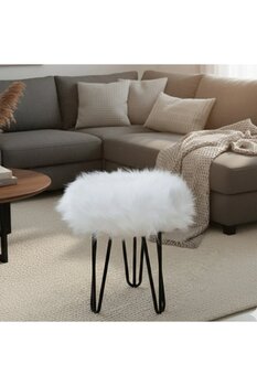Ratemo Mobilya Beyaz Peluş Puf Tabure, Metal Ayaklı Yumuşak Oturma Pufu (38x37 cm) - Yatak Odası, Salon Pufu