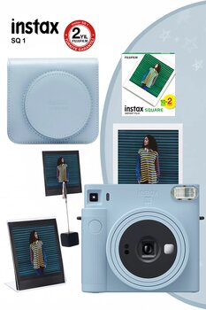 Fujifilm Instax SQ1 Buz Mavi Fotoğraf Makinesi 20li Kare Film Deri Kılıf Pleksi Çerçeve ve Kıskaçlı Stand