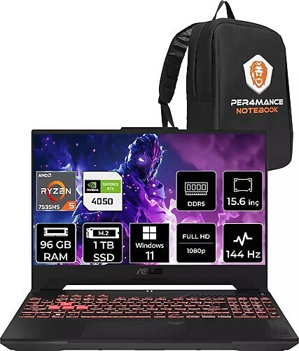 Asus TUF GAMİNG LP158 15.6 inç AMD Ryzen 5 7535HS 96 GB 1 TB SSD NVIDIA GeForce RTX 4050 Windows 11 Professional