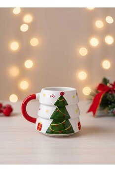 SeraCEY Yılbaşı Çam Ağacı Kupa El İşlemeli Özel Tasarım El Yapımı Seramik Kupa