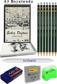 A3 120 gr Eskiz Defteri Telli 7 Adet Dereceli Kalem Çizim Seti Pastel Dağıtma Silgi Karakalem Eskiz Seti Kalemtraş - Siyah