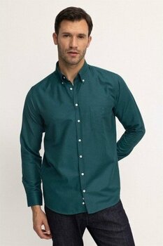 Tudors Erkek Regular Fit Klasik Kesim Oxford Doku Yaka Düğmeli Cepli Nakışlı Yeşil Gömlek - L