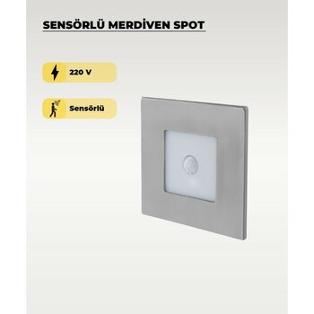 3W Krom Kare Sensörlü Sıva Altı Merdiven Spot 3200K (Sarı Işık)