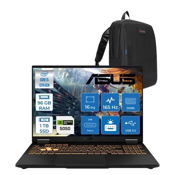 Asus Tuf Gaming F16 Fx608jh 13.Nesil Intel İ5-13450Hx 96Gb Ddr5 1Tb Ssd 8Gb/Rtx5050 115W 165Hz 16"Wuxga Fhd+ 300Nıts Ips Freedos Gaming Bilg. Wrv082f28+Zettaçanta