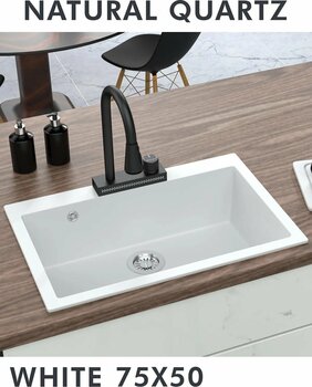 HENASURFACE Granit Eviye Tek Gözlü Beyaz 75x50 Granit Eviye Kuvars