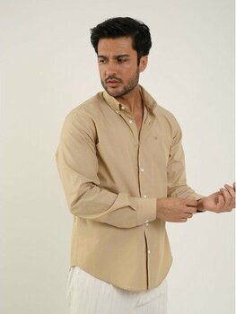 Dufy Camel Erkek Regular Fit Düz Brent Düğmeli Yaka Uzun Kol Gömlek - 40