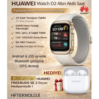 Huawei Huaweı Watch D2 – Altın Beyazı + Huawei Freebuds Se 2 - Beyaz Kulaklık Hediye - 46 mm - KULAK İÇİ KULAKLIK HEDİYE - Altın - Beyaz