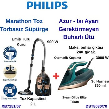Philips XB7151/07 Marathon Toz Torbasız Süpürge+Philps DST8030/70 Isı Ayarı Gerektirmiyen Azur Ütü - Siyah - Rose - 900 Watt