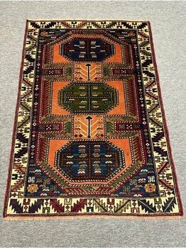 El Dokuma Taşpınar Halısı 102X150 Kiremit Lacivert Yeşil %100 Yün Kök Boya Halı