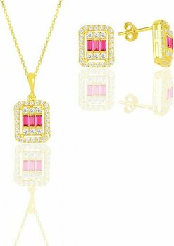 Gümüş  Altın Yaldızlı Baget Kesim Kök Yakut Taşlı İkili Set