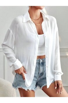 NoVibe Oversize Bürümcük Kumaş Dokuma Salaş Gömlek Standart Beden