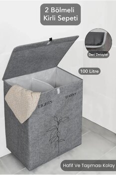 AHİR Katlanabilir Keçe Deri Gri 53x33x60 cm Çamaşır Sepeti