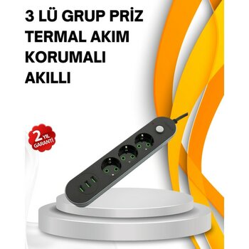 Hızlı Şarj Özellikli 3 USB Girişli Üçlü Priz - 1