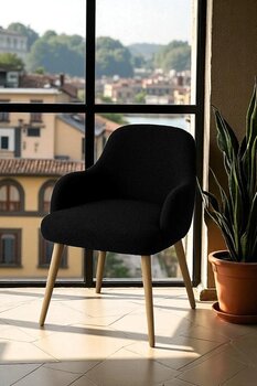 WoodyMaison Morina Peluş Kumaş Sırtlı Puf Sandalye – Ahşap Ayaklı, Makyaj Masası ve Salon İçin